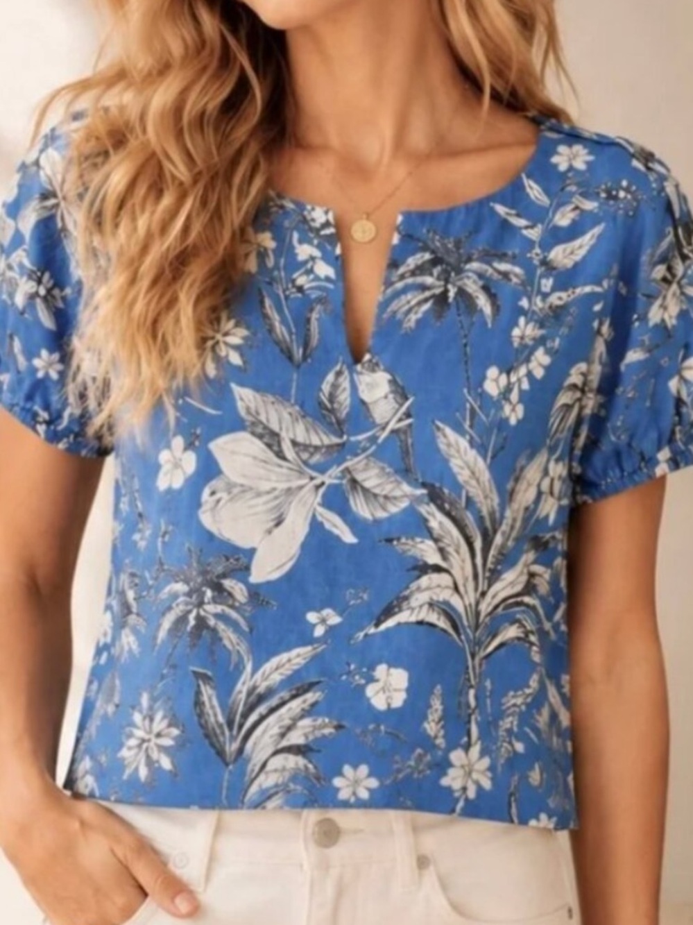 J. Crew Blue Floral linen top xs